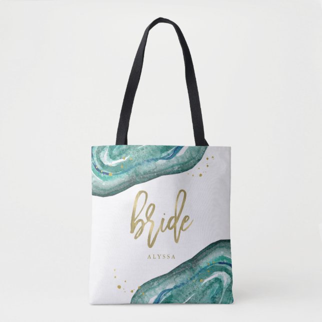 Watercolor Teal and Gold Look Geode | Bride Tote Bag (Front)