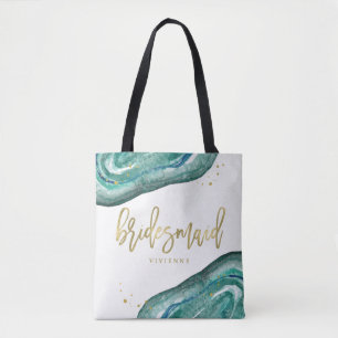 Watercolor Teal and Gold Look Geode Bridesmaid Tote Bag