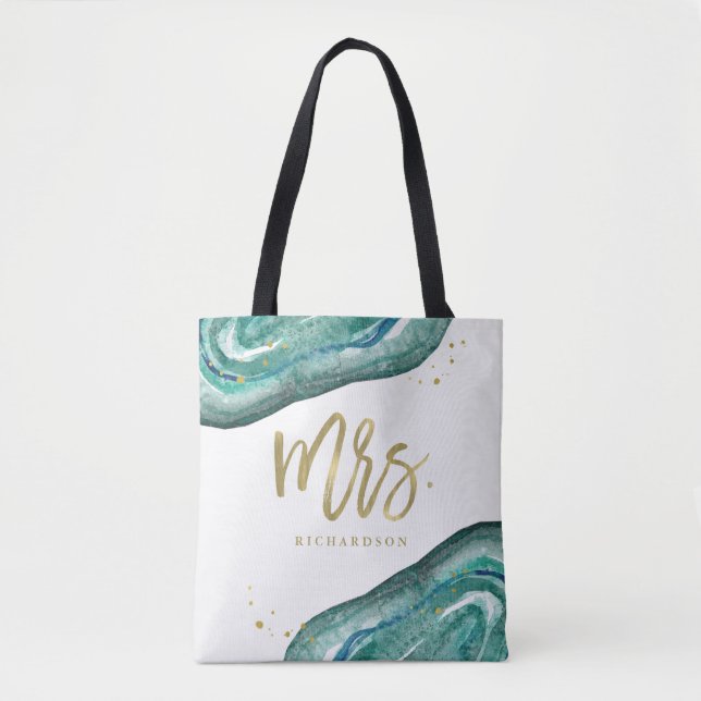 Watercolor Teal and Gold Look Geode | Mrs Tote Bag (Front)