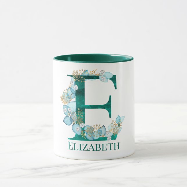 Watercolor Teal and Gold Monogram Letter E Mug (Center)