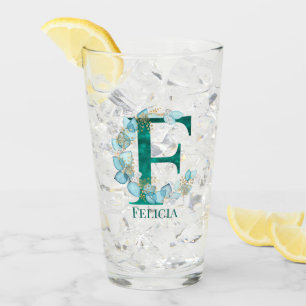 Watercolor Teal and Gold Monogram Letter F Glass