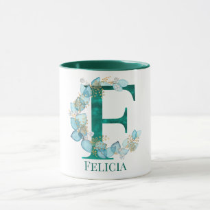 Watercolor Teal and Gold Monogram Letter F Mug