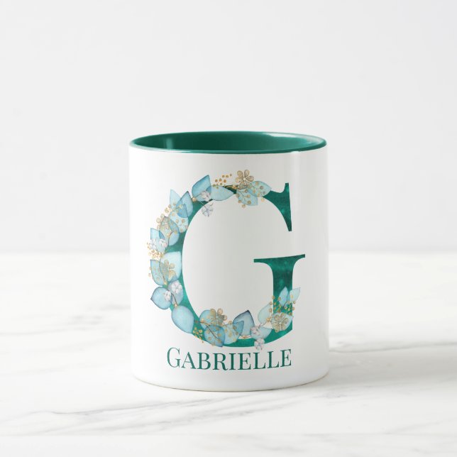 Watercolor Teal and Gold Monogram Letter G Mug (Center)