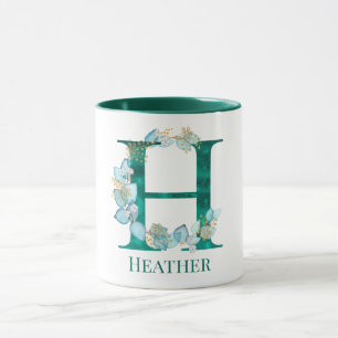 Watercolor Teal and Gold Monogram Letter H Mug