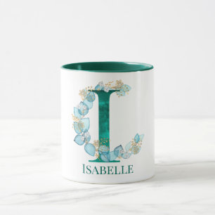 Watercolor Teal and Gold Monogram Letter I Mug