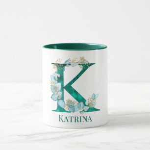 Watercolor Teal and Gold Monogram Letter K Mug
