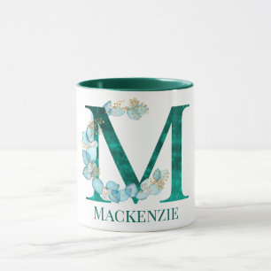 Watercolor Teal and Gold Monogram Letter M Mug