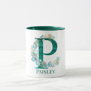 Watercolor Teal and Gold Monogram Letter P Mug