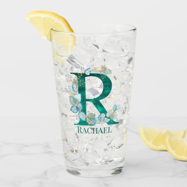 Watercolor Teal and Gold Monogram Letter R Glass (Front Ice)