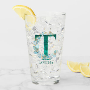 Watercolor Teal and Gold Monogram Letter T Glass