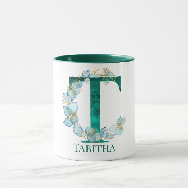 Watercolor Teal and Gold Monogram Letter T Mug (Center)