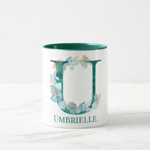 Watercolor Teal and Gold Monogram Letter U Mug