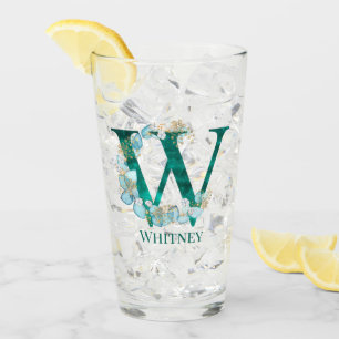 Watercolor Teal and Gold Monogram Letter W Glass