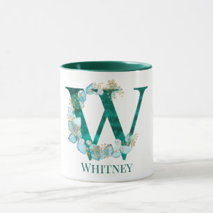 Watercolor Teal and Gold Monogram Letter W Mug