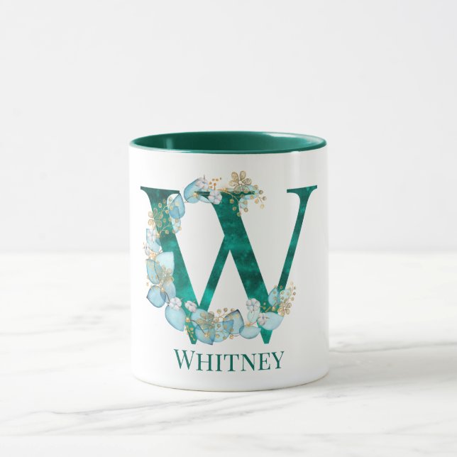 Watercolor Teal and Gold Monogram Letter W Mug (Center)