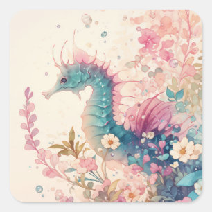 Watercolor Teal and Magenta Seahorse Square Sticker