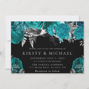 Watercolor Teal and Silver Roses Wedding Invitation
