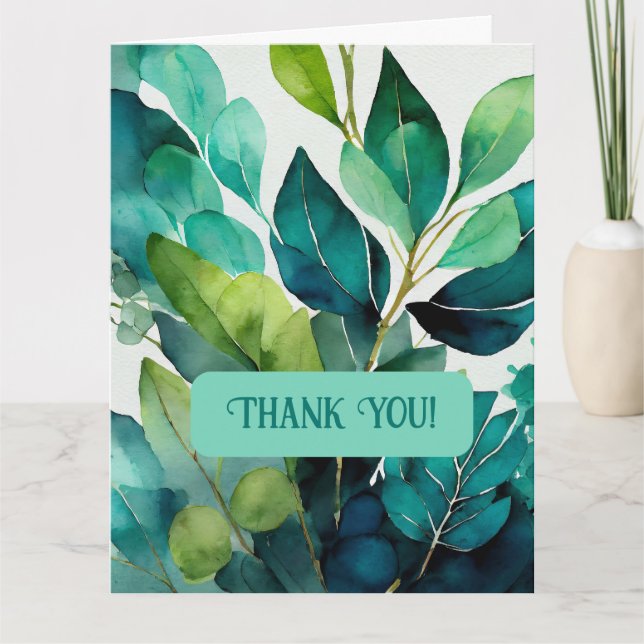 Watercolor, Teal, Blue, Green, Botanical, Abstract Thank You Card (Front)