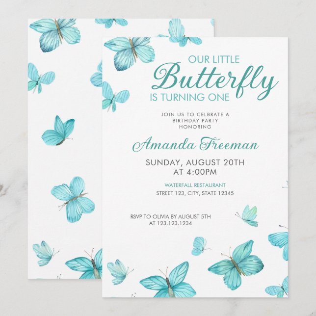 Watercolor Teal Butterflies Cute 1st Birthday Invitation (Front/Back)
