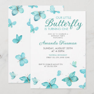 Watercolor Teal Butterflies Cute 1st Birthday Invitation
