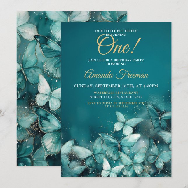 Watercolor Teal Butterflies Glitter 1st Birthday Invitation (Front/Back)