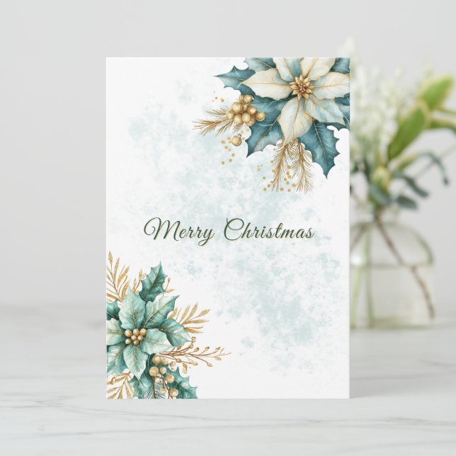 Watercolor Teal Floral Christmas Holiday Card (Standing Front)