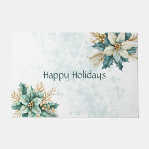 Watercolor Teal Floral Christmas Holiday Doormat