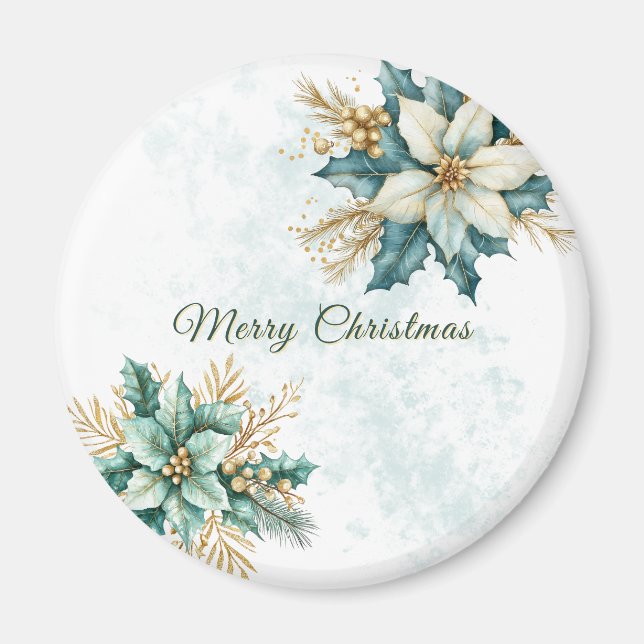 Watercolor Teal Floral Christmas Holiday Magnet (Front)