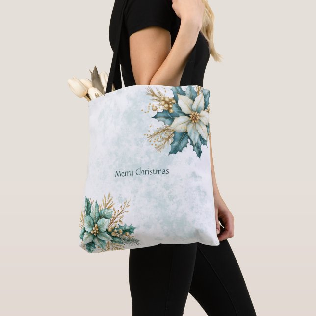 Watercolor Teal Floral Christmas Holiday Tote Bag (Close Up)