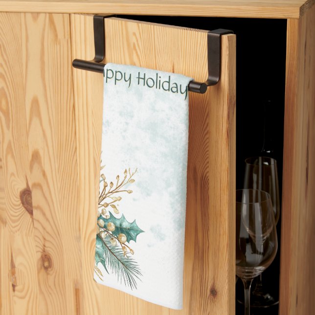 Watercolor Teal Floral Holiday Kitchen Towel (Thirds Fold)