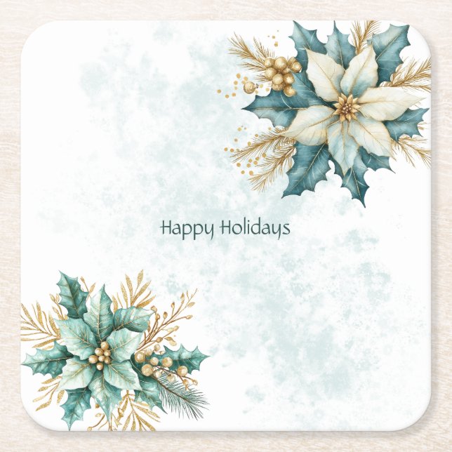 Watercolor Teal Floral Holiday Paper Coaster (Front)