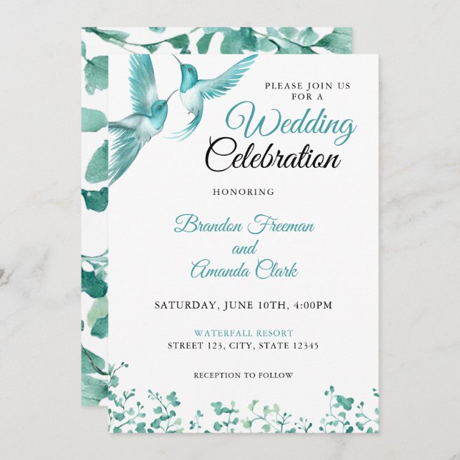 Watercolor Teal Floral Hummingbird Wedding Invitation (Front/Back)
