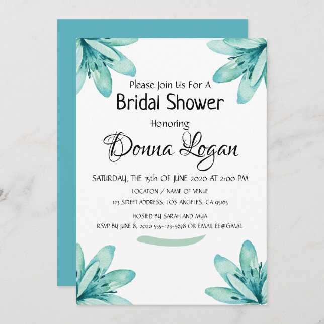 Watercolor Teal Floral Personalised Bridal Shower Invitation (Front/Back)