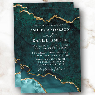 Watercolor Teal Gold Marble Agate Geode Wedding Invitation