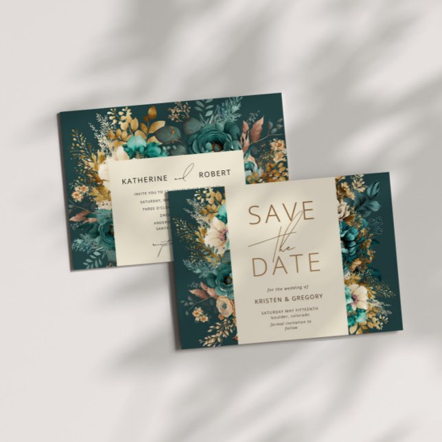 Watercolor Teal Gold Save the Date Invitation (Creator Uploaded)
