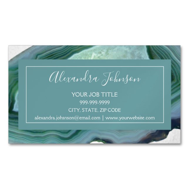 Watercolor Teal Green Agate Geode Magnetic Business Card (Front)