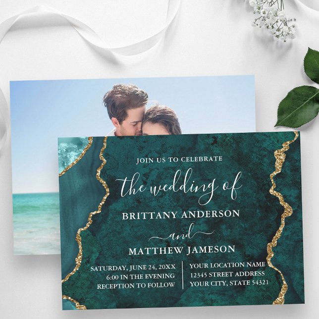 Watercolor Teal Marble Gold Photo Wedding Invitation (Customize to change text size or text style.)
