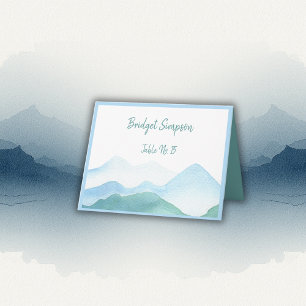 watercolor teal mountain guest Seating Cards
