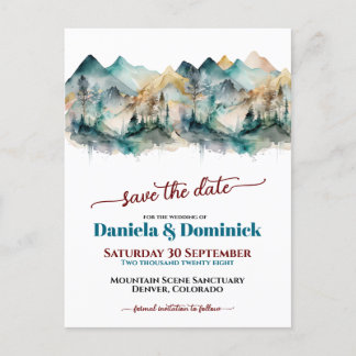 Watercolor Teal Mountain Wedding Save the Date Postcard