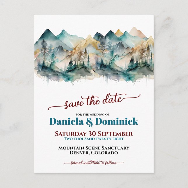Watercolor Teal Mountain Wedding Save the Date Postcard (Front)