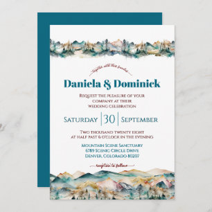 Watercolor Teal Orange Mountain Wedding Invitation
