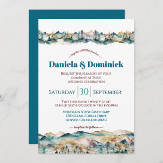 Watercolor Teal Orange Mountain Wedding Invitation