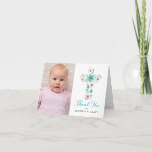 Watercolor Teal & Pink Flower Cross Baptism Photo Thank You Card
