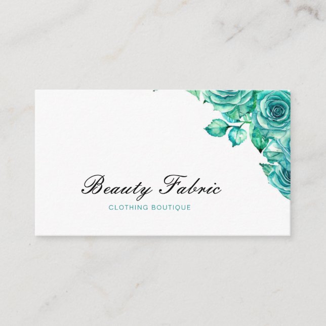 Watercolor Teal Roses Clothing Boutique Business Card (Front)