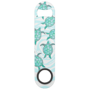 Watercolor Teal Sea Turtles on Swirly Stripes