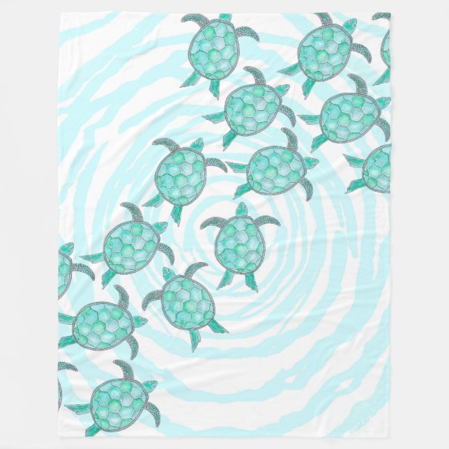 Watercolor Teal Sea Turtles on Swirly Stripes Fleece Blanket (Front)