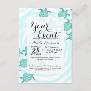 Watercolor Teal Sea Turtles on Swirly Stripes Invitation