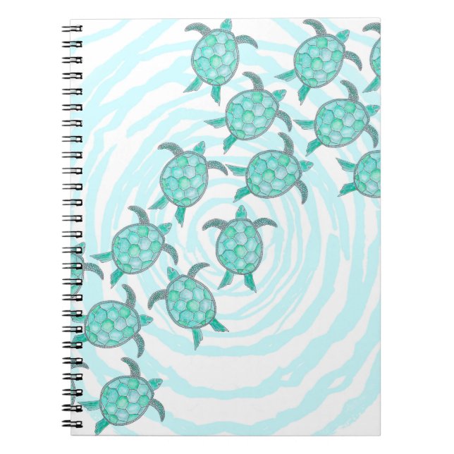 Watercolor Teal Sea Turtles on Swirly Stripes Notebook (Front)