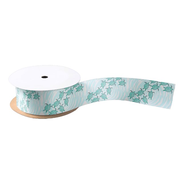Watercolor Teal Sea Turtles on Swirly Stripes Satin Ribbon (Spool)