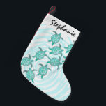 Watercolor Teal Sea Turtles on Swirly Stripes Small Christmas Stocking<br><div class="desc">This artistic and cute hand painted teal watercolor sea turtles on swirly teal and white stripes is perfect for the trendy and stylish woman. Its summery and cool print is great for many occasions and gifts; for yourself, your family, or your friends. Enjoy this artsy and beachy design for your...</div>